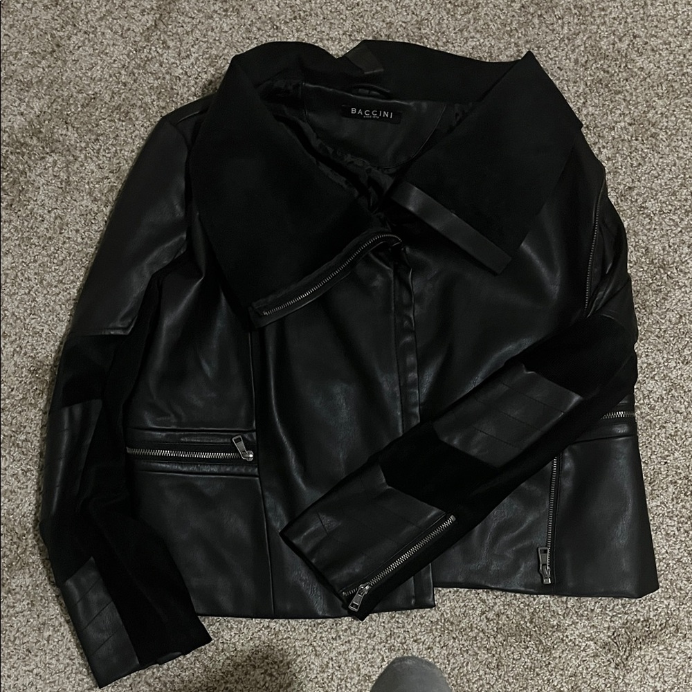 Baccini Women's Black Leather Jacket with Suede Accents